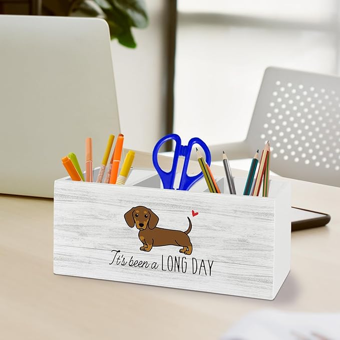 Funny Dachshund Pen Pencil Holder Organizer for Desk Accessories, Weiner Dog Gifts Wooden Box Sign Desk Decor for Home Office Decoration, Gifts for Dachshund Lovers Women Men