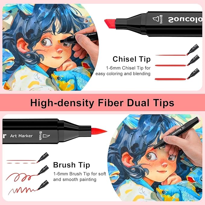 Soucolor 51 Colors Alcohol Markers Brush Tip, Dual Tip Brush Art Markers, 50 Colors+1 Blender, Art Supplies for Kids Artists Adults Coloring Books Drawing Sketching Painting, Birthday Christmas Gift