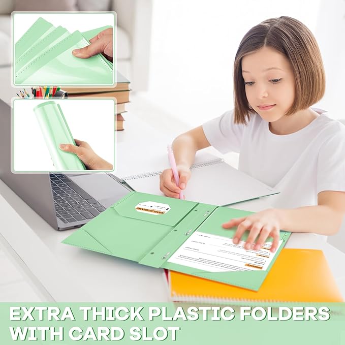 Henoyso 72 Pcs Plastic Folder with Clear Front Pocket and 3 Prong Plastic Folders with Card Slot Pocket Folders with Prongs for School Office (Light Green)