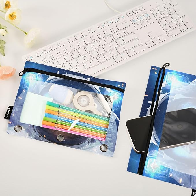 Astronaut Cat Space Pencil Pouch for 3 Ring Binder, 2 Pack Waterproof Pencil Bags Clear Window Zipper School Office Supplies