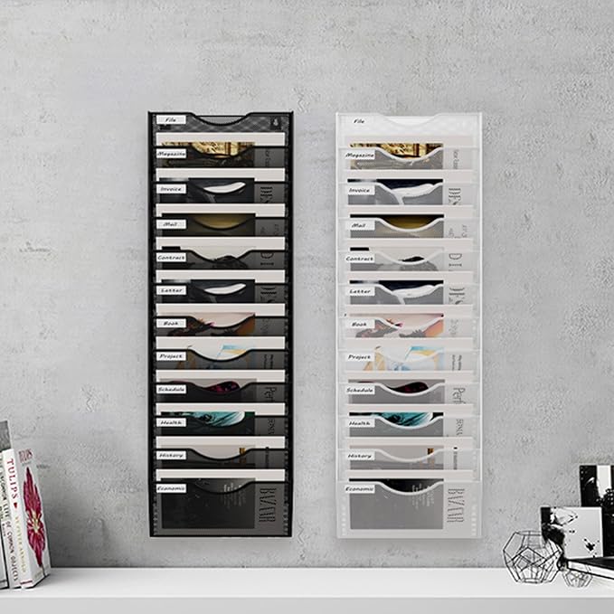 12 Tier Hanging Wall File Holder, Metal A4 Wall Mounted Document Holder, Vertical Hanging Mail Organizer, Magazine Storage Rack for Office Home Classroom, White
