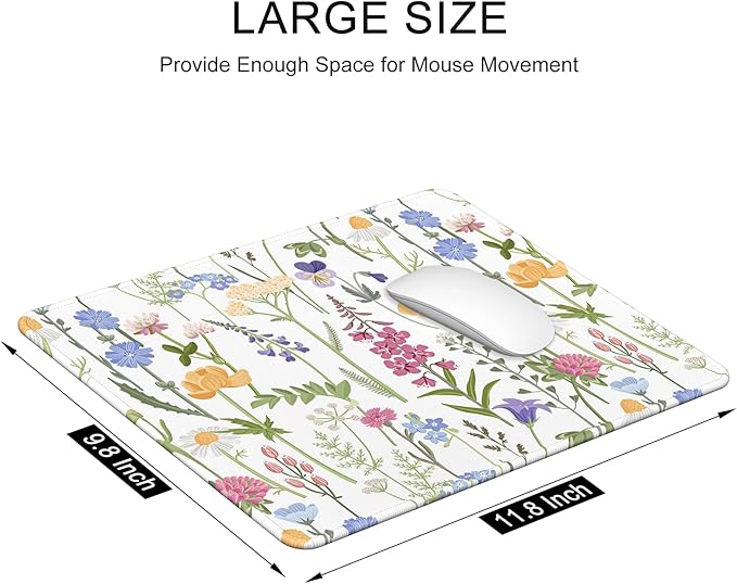 Auhoahsil Mouse Pad, 12 x 10 in Simple Flower Theme Computer Mouse Pad for Desk, Premium-Textured Non-Slip Rubber Stitched Edges Waterproof Square Mouse Mat for Gaming Work Wireless Mice, White