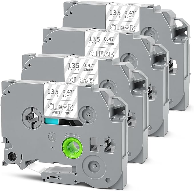 Tze135 12mm 0.47" White on Clear Tape Compatible for Brother Clear Label Tape 12mm Tze-135 Tz-135 P Touch Tz Tze 12mm 1/2" for PTD210 PT-D220 PTD400 PTD600 PT-D610BT Label Maker, 4-Pack