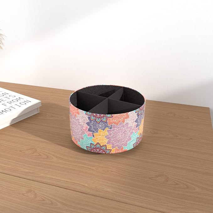 Hennaja Round Leather Art Supply Organizer,Remote Control Holder,360 Degree Rotating,Multi-Functional Pencil Holder,4 Compartments Desktop Stationary Organizer(1-Colorful Flower)