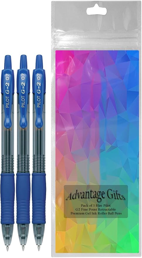 G2 Retractable Premium Gel Ink Roller Ball Pens Fine Point Fine Point (.7mm) Blue Ink 3-pk; Refillable & Premium Comfort Grip Bundle with Plastic Reusable Pouch