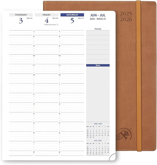 POPRUN Academic Planner 2025-2026, 8.5'' x 11.25'', Quarter-Hourly Appointment Book (July 2025-June 2026) with PU Leather Soft Cover, Dual Pockets, Monthly Tabs, 100GSM Thick Paper - Brown