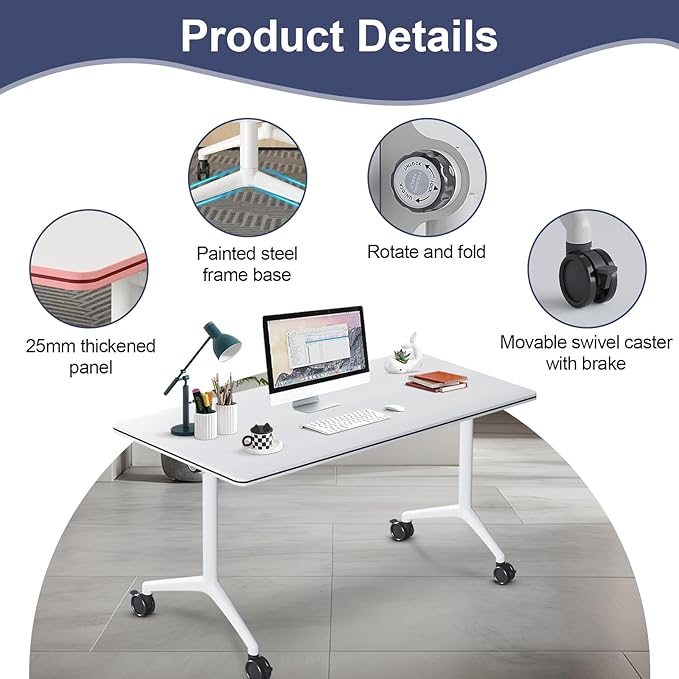 Conference Table,Folding Conference Room Tables Portable Rolling Conference Training Table with Silent Wheels,Mobile Meetings Flip Top Tables for Offices Classrooms Meeting Room (4Pack 55.1in)