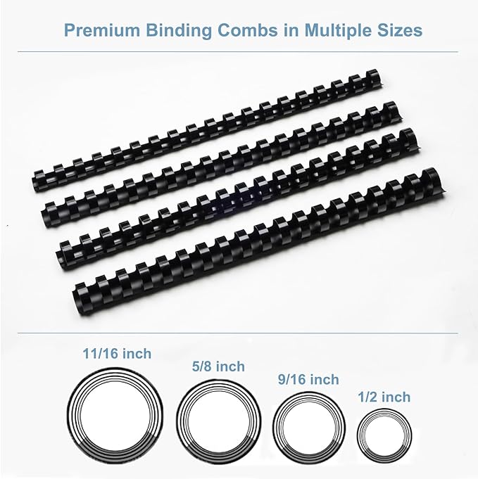 Rayson CR12141618BK Plastic Binding Combs 1/2in. 9/16in, 5/8in, 11/16in, 19-Ring Letter Size, Black Comb Binding Spines, Multi-Size Pack of 80