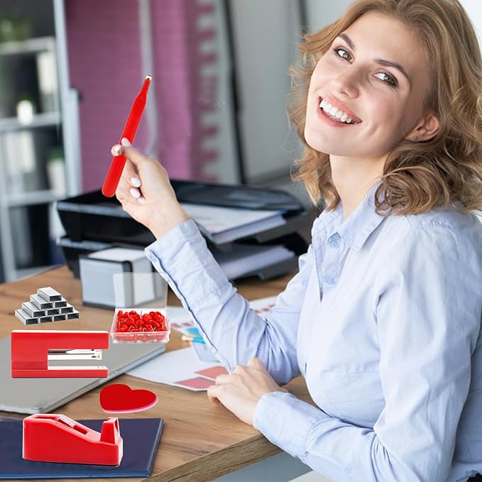 Red Stapler and Tape Dispenser Set - Office Accessory Kit, Gift for Students, Women, Coworkers, Boss Lady, Office Clerks
