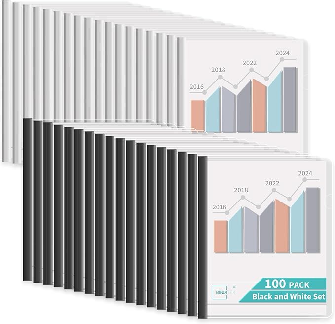 Binditek 100 Pack Clear Report Covers with 9mm Sliding Bars, 70 Sheet Capacity, Black and White Binding Bars, Letter Size, for Students and Coworkers