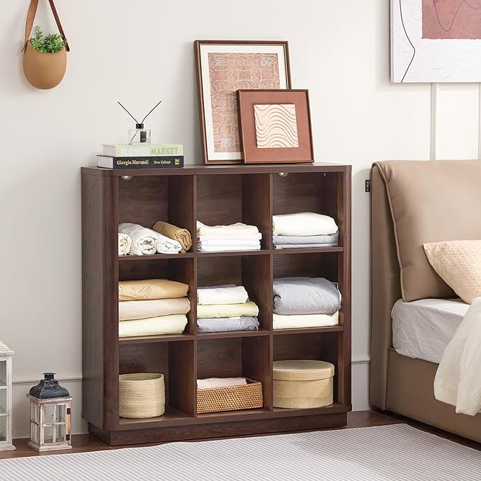 9 Cube Bookshelf, 41" Tall Organizer Bookcase with Curved Edge, Wood Floor Standing 3-Tier Cubby Book Shelf with Base, Vinatge Display Storage Cabinet for Living Room, Home Office, Walnut