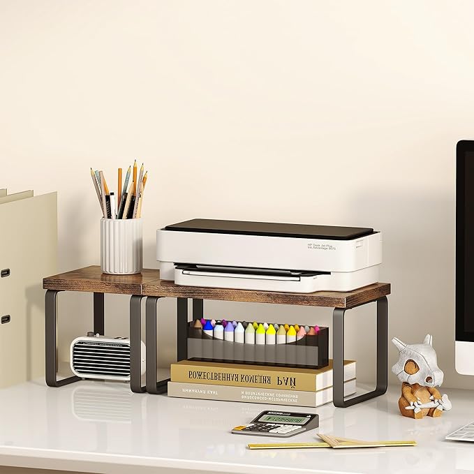 Homeiju Wooden Desktop Organizer Shelf, 2-Tier Adjustable Freestanding Bookshelf Desk Shelf, Stackable Desk Organizer for Office, Dorm, Bedroom, Space Saving, Easy Assembly, Rustic Brown (1 Pack)