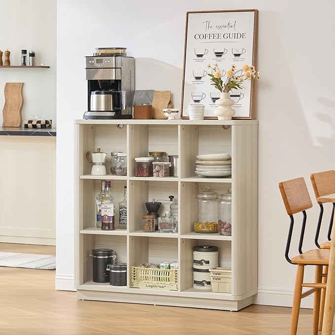 9 Cube Storage Book Shelf, 41" Tall Organizer Bookcase with Curved Edge, Wood Floor Standing 3-Tier Cubby Bookshelf with Base, Vintage Display Book Case for Bedroom, Office, White Cream Oak