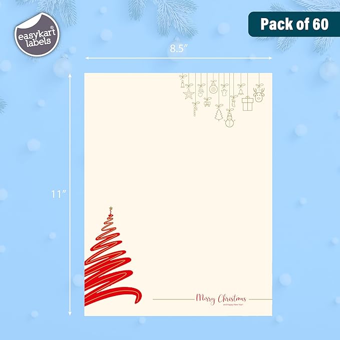 easykart labels Christmas Stationery Paper Letterhead Sheets 60 Pack Holiday Xmas Theme Design For Writing Letters Computer Office Notes & Printing Supplies Size 8.5" X 11"