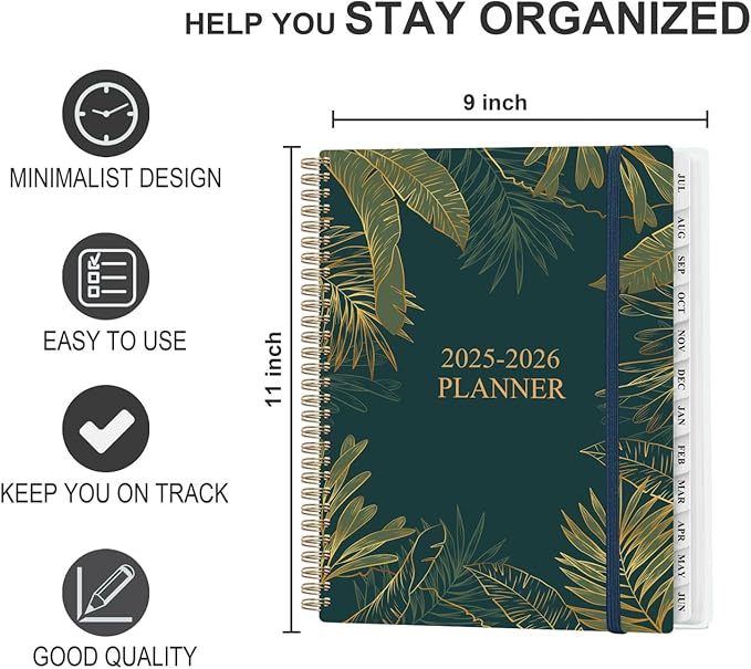 Planner 2025-2026 - Weekly & Monthly Planner from July 2025 to June 2026, Agenda 2025 2026 with Inner Pocket, Elastic Band, 8.5" x 11", Green Gold Leaf