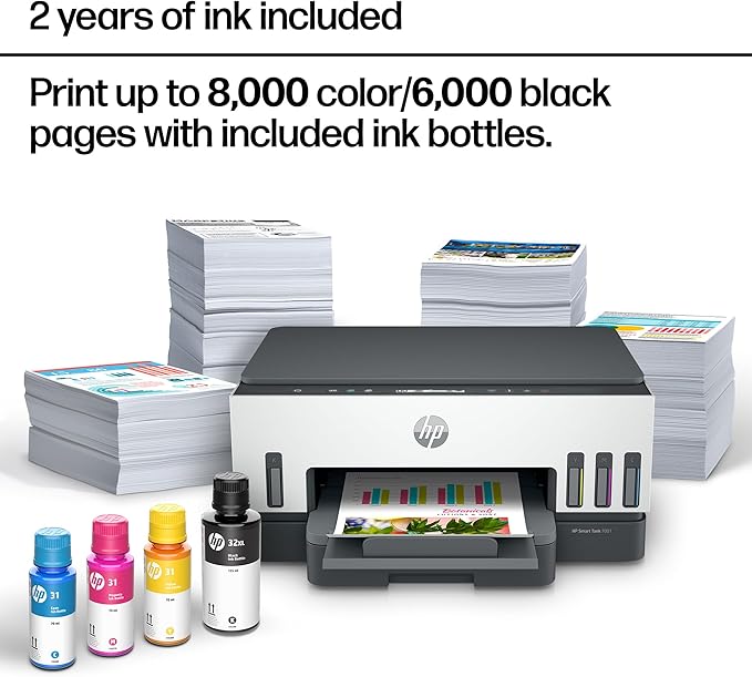 HP Smart Tank 7001 Wireless All-in-One Ink Tank Printer, Scanner, Copier with 2 years of ink included, Best-for-home office, Cartridge-free Refillable, AI-enabled (28B49A)