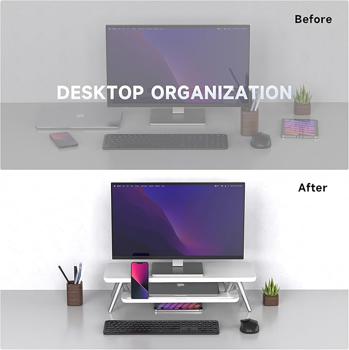 Fenge Monitor Stand, Monitor Stands Riser for Desk, 23.6 Inch Wood Desk Shelf with Storage Organizer and Cable Management for Office Desk Accessories