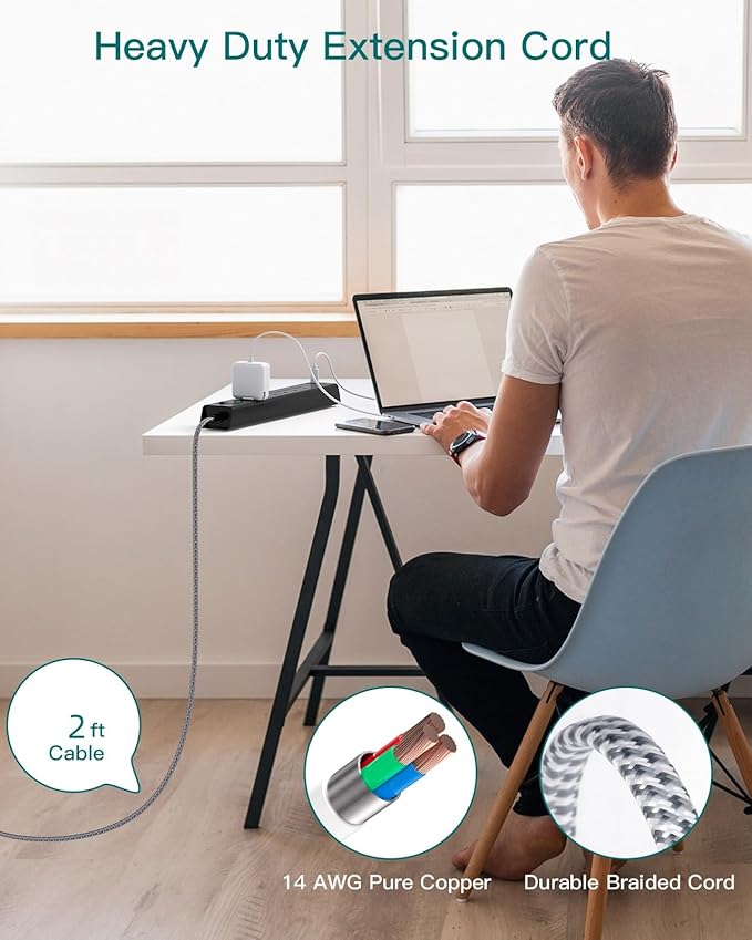 Short Extension Cord 2ft - Addtam Surge Protector Power Strip with 6 AC Outlets 4 USB (2 USB-C Ports), Flat Plug, 900J, Wall Mount, Outlet Extender for Home Office Dorm Room Essentials