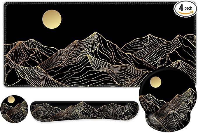 ARTSO Large Mouse Pad Keyboard Wrist Rest Combo, Ergonomic Mouse Pad with Wrist Support, Extended Non-Slip Desk Mat Protector, 4-in-1Set Desk Blotter for Office Home, Golden Sun Mountain