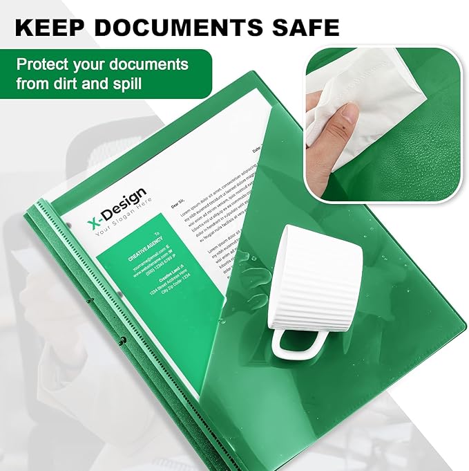 Teling 48 Pcs Clear Front Report Covers with 3 Prongs Fasteners, 11.42 x 9.45 Inch Plastic Book File Covers 90 Sheet Capacity, Presentation Folder with Green Back Cover for Office Business