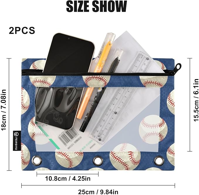 Baseballs Ball on Blue Pencil Pouch for 3 Ring Binder, 2 Pack Waterproof Pencil Bags Clear Window Zipper School Office Supplies