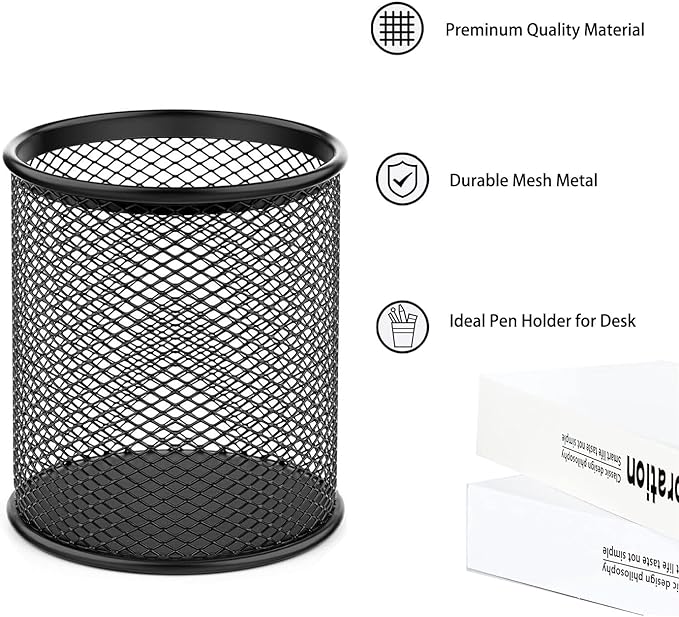 Pen Holder Pencil Holder Mesh Metal Pen Cup Holder Pencil Cup Holder for Desk Office Home Pen Organizer Black, 6 Pack