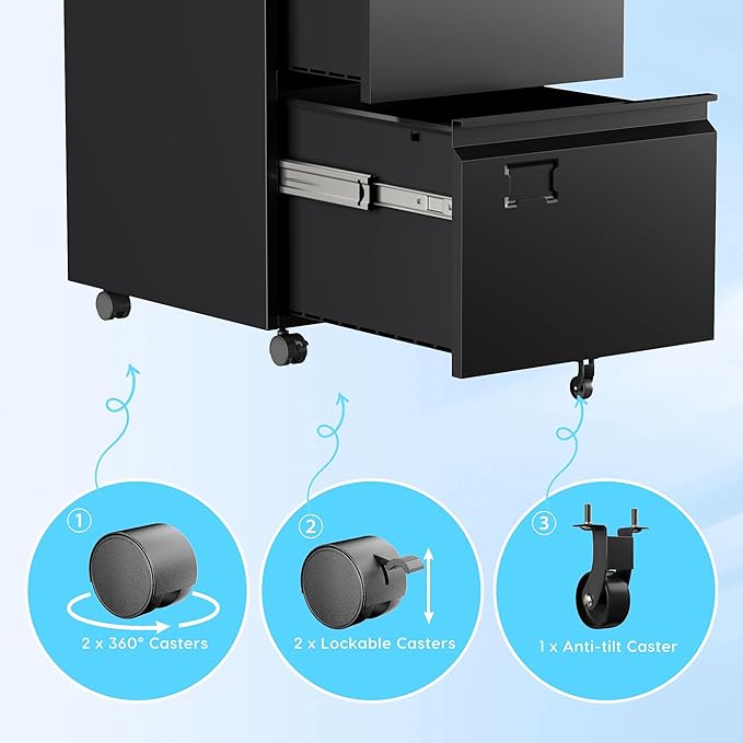 Aobabo 2 Drawer File Cabinet with Wheels, Lockable Metal Filing Cabinet with Business Card Slot for Legal/Letter Size Home Office, Required Assembled,Black