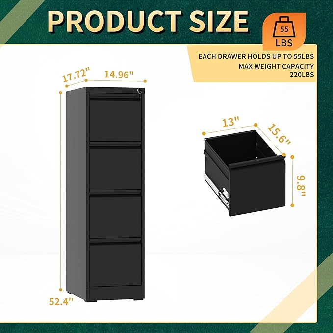 4 Drawer File Cabinet with Lock, Steel Vertical Filing Storage Cabinet for Home Office, Heavy-Duty File Cabinets for Letters/Legal/A4 (Require Assembly, Black)