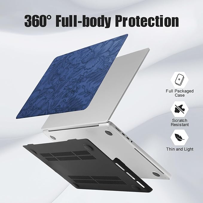 DTangLsm Compatible with MacBook Air 13 inch Case 2022 2021 2020-2018 A2337 M1 A2179 A1932, Elegant Textured Retro Leather Hard Shell Case for MacBook Air M1 Cover + Keyboard Skin,Blue Embossed Floral