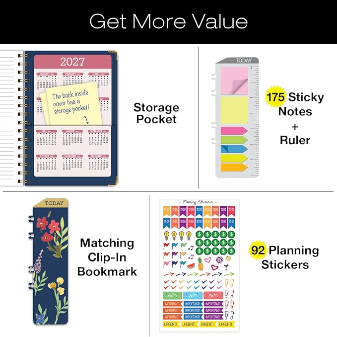 HARDCOVER 2026 Planner, 5.5"x8": 14 Months (November 2025 - December 2026), Daily Weekly Monthly Planner, Yearly Agenda, Bookmark, Pocket Folder and Sticky Note Set (Navy Gold Numbers)