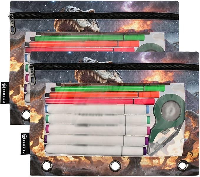 Dinosaurs Roar Pencil Pouch for 3 Ring Binder, 2 Pack Waterproof Pencil Bags Clear Window Zipper School Office Supplies