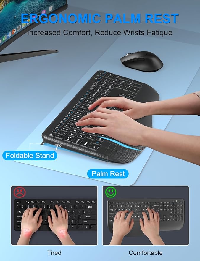Wireless Keyboard and Mouse Combo, Full-Sized 2.4GHz Comfortable Palm Rest and Optical Wireless Mouse for Windows, Mac OS PC/Desktops/Computer/Laptops(Carbon Black)