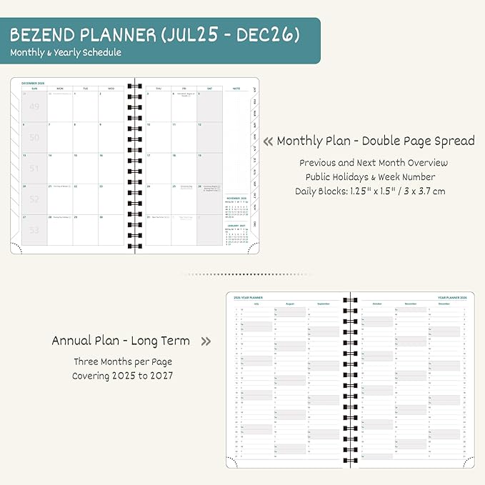 BEZEND 2026 Planner Weekly and Monthly (6" x 8.5") Daily Calendar Book with Tabs (Jul 25-Dec 26) Vertical Hourly Timeslots, Storage Pocket, Pen Holder, Spiral, PU Leather Softcover - Cornflower