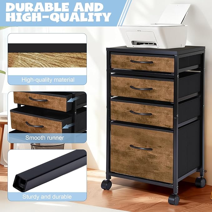 Chunful 4 Drawer Rolling File Cabinet Mobile Printer Stand Metal Cart with Fabric Vertical Filing Chest Wheels A4 Letter Size Under Desk Utility Craft Storage Organizer for Home Office(Brown)