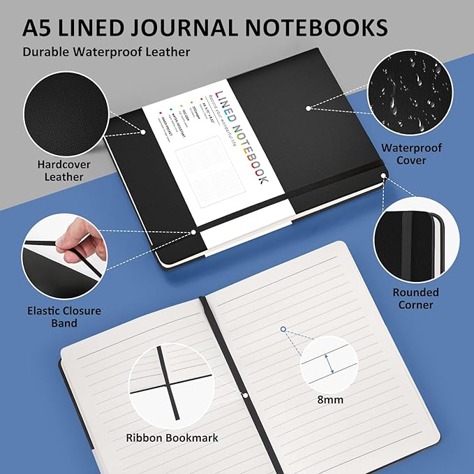 Lined Journal Notebook for Women Men, 200 Pages A5 Hardcover Leather Journals for Writing,Travel,School,Office,Work,Business,College Ruled Notebooks for Note Taking, Diary Notepad 5.7"×8.3"(Black)