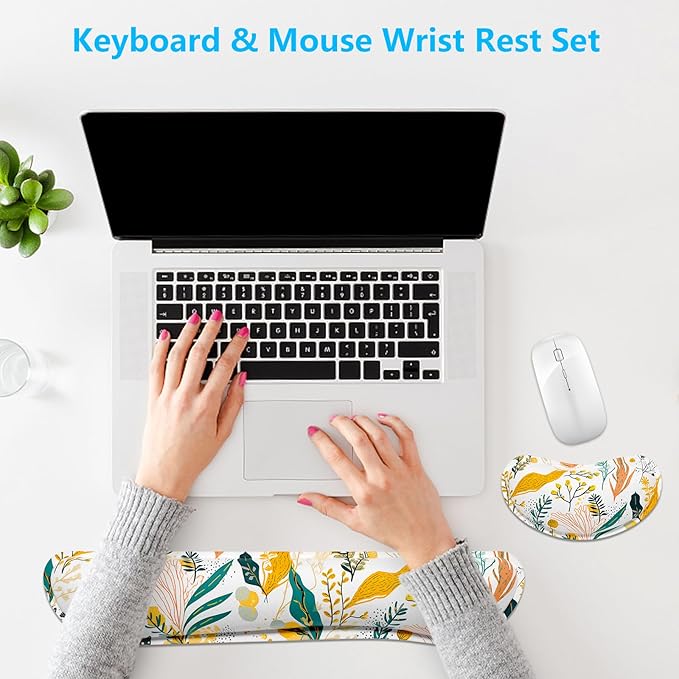 Dapesuom Enlarge Keyboard Wrist Rest, Memory Foam Wrist Cushion for Desk Mats Support, Typing Pain Relief Keyboard Mouse Pad Rests Set with Non-Slip Base for Gaming Laptop Computer, Watercolor Floral