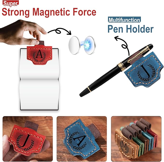 Personalized Bygone Mark Bookmark with Pen Holder, Leather Magnetic Bookmark 26 Letters Name Initial Bookmarks for Readers, Book Lover Gifts for Women Men Notebook Accessories (Brown, R)