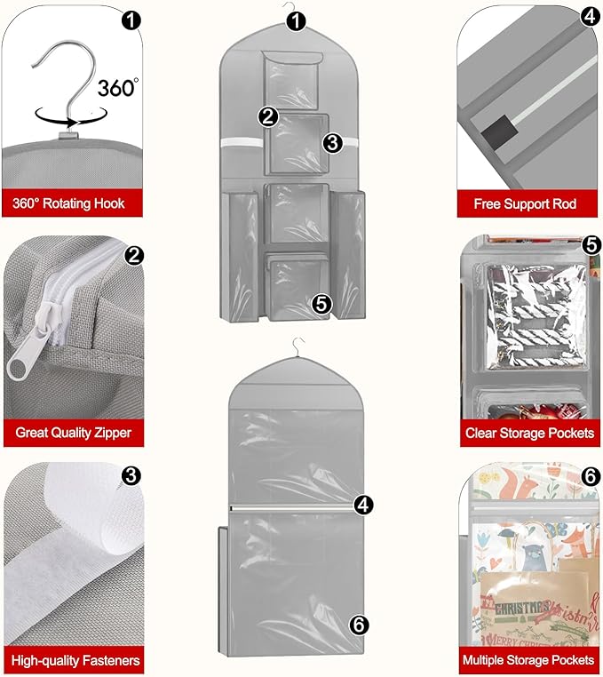 Hanging Gift Wrapping Paper Storage, 48x24 (Extra Large) Grey Double-Sided Christmas Wrapper Bag Container, Oxford Long Craft Roll Organizer, Present Wrap Holder for Closet, Door