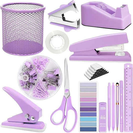 Purple Desk Accessories Set - 16 Pcs Purple Office Supplies with Stapler, Tape Dispenser, Pen Holder, Staple Remover, Hole Punch, Staples Aesthetics Desk Sets for Office, Home, School Women