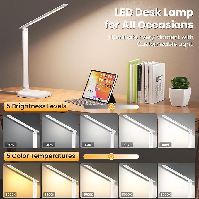 LED Desk Lamp with USB Charging Port, Stepless Dimmable Study Lamp with 5 Color Modes, Touch Control, Timer, Foldable Desk Lights for Home, Office, Bedroom