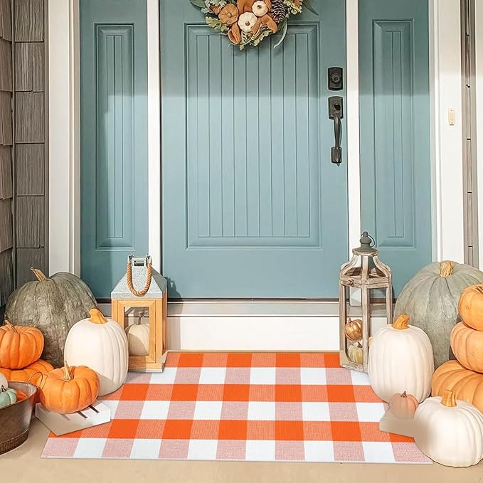 KIMODE Halloween Door Mat Outdoor 27.5"x43", Fall Decor Buffalo Plaid Outdoor Rug,Farmhouse Checkered Layered Welcome Door Mat for Entryway,Halloween Front Porch Decor,Orange and White