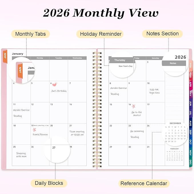 Oucaru 2026 Planner, Weekly and Monthly Planning Calendar, Jan 2026 - Dec 2026, 6.3" x 8.5", Spiral Bound, 12 Habit Trackers & Monthly Tabs, 2 Storage Pockets, Perfect for Office Home School Supplies