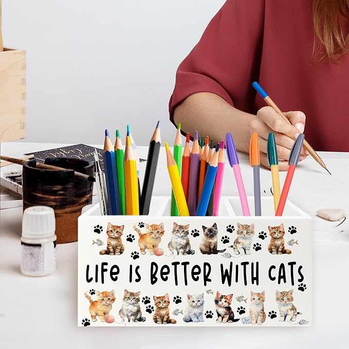 Cat Pen Pencil Holder Organizer for Desk, Cat Lovers Mom Lady Gifts for Women, Life Is Better with Cats Wooden Box Signs Decorations for Home Office Desk Tabletop, Gifts for Pet Lovers