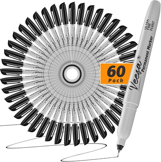 VEESA Permanent Markers Ultra Fine Point, 60 Pack, 0.4mm Black Permanent Markers, Waterproof, Fade-Resistant, Quick Drying, Back to School Supplies