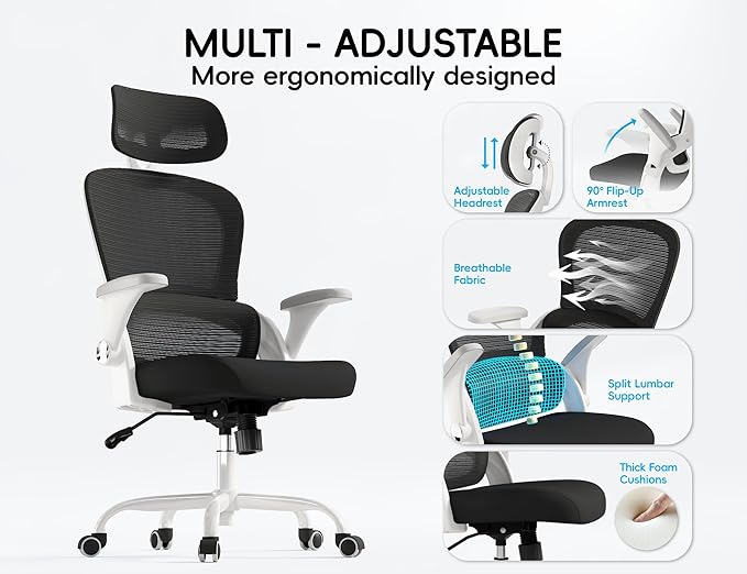 TRALT Office Chair - Ergonomic Office Chair with Back Support, Computer Chair - Home Office Desk Chairs, 330lbs Wide Seat Big and Tall Office Chairs with Headrest, Comfy Desk Chairs (White Black)