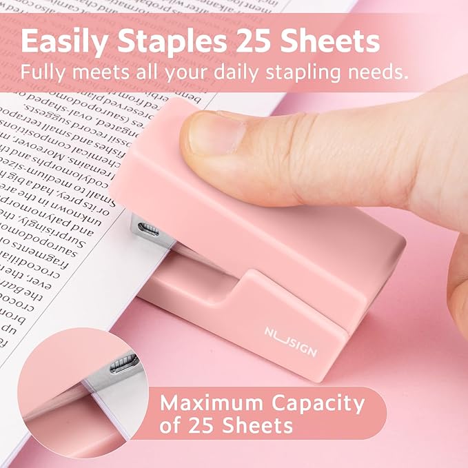 Mini Stapler with 830 Staples, Small Cute Desk Staplers, 25 Sheet Capacity, Pink