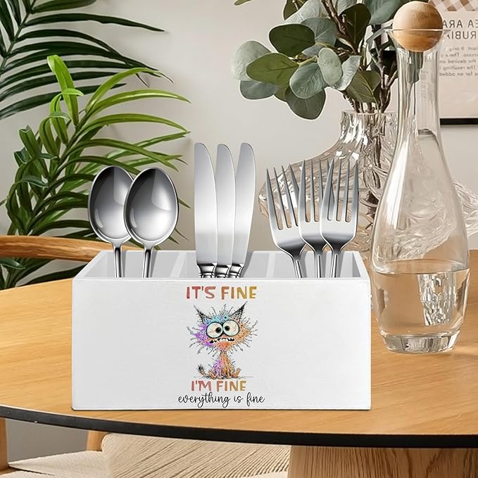 Funny Cat Pen Pencil Holder Organizer for Desk Accessories, It's Fine Everything Is Fine Wooden Box Sign Desk Decor for Home Office Decoration, Funny Cat Mom Lovers Gifts