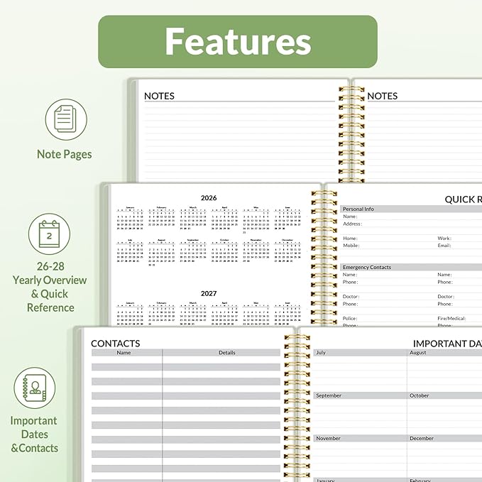 SUNEE 2026 Weekly and Monthly Planner - from January 2026 - December 2026, 8.5"x11" Daily Agenda Planner with Monthly Tab, Flexible Cover, Note Pages, Pockets, Bookmark, Spiral Binding, Sage Green