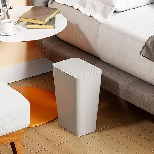 Yieach 12L Slim Bathroom Trash Can with Lid,3.17 Gallon Pet/Dog Proof Kitchen Trash Can,Rectangle Thin Garbage Can,Covered Waste Basket,Narrow Small Plastic Trashcan for Room,Bedroom,Office,Grey 2PCS