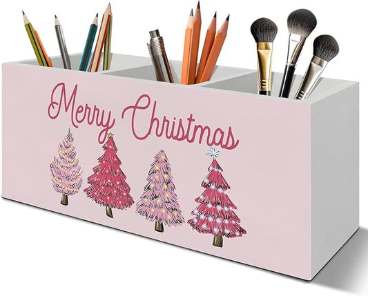 Pink Merry Christmas Tree Pen Pencil Holder Organizer for Desk Accessories, Pink Pencil Holder, Preppy Girly Xmas Wooden Box Signs Decorations for Home Office Desk Tabletop